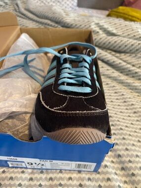 Adidas Japan choc brown cow hair turquoise lace and stripe